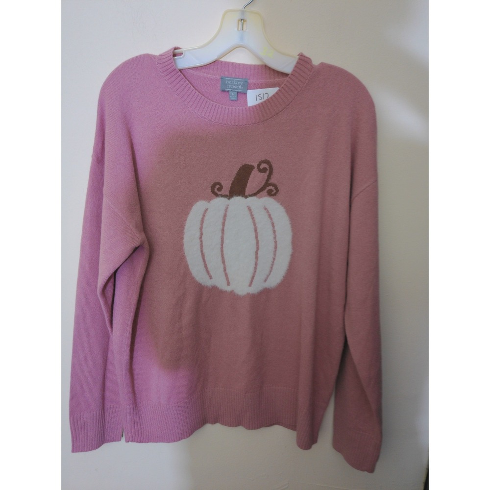 Berkley Jensen Pumpkin Sweater Womens L Pink Fall Graphic Knit Pullover Cozy VTG